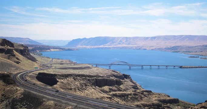 Cars Driving on Scenic American Highway along Columbia River Gorge, Washington