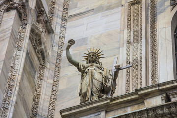  Italy, statue on the Milan Duomo facade, representing the New Law carved by Camillo Pacetti in 1810 inspired Frederic Auguste Bartholdi for the construction of the Statue Of Liberty in NYC