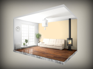 Interior without walls. 3D rendering