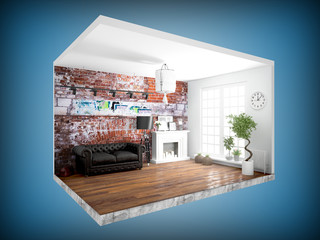 Interior without walls. 3D rendering