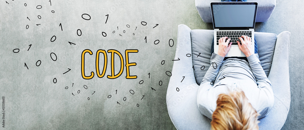 Poster code text with man