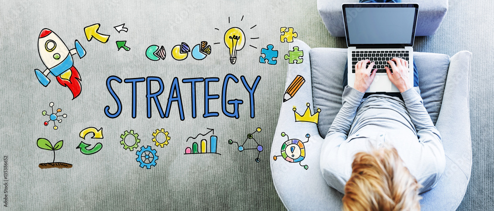 Poster strategy text with man using a laptop