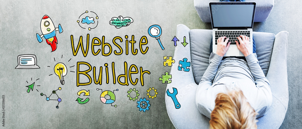 Poster website builder text with man using a laptop