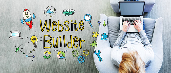 Website Builder text with man using a laptop