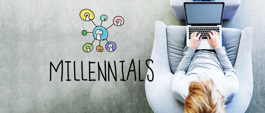 Millennials text with man using a laptop