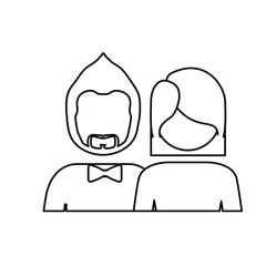 monochrome contour with half body couple without face she short hair and him with beard and bow tie vector illustration