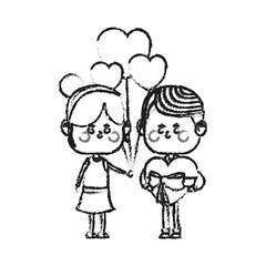kawaii couple in love with heart balloons over white background. vector illustration