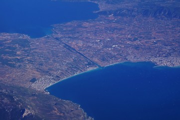 Aerial view of the Isthmus of Corinth connecting mainland Greece with the Peloponnese peninsula