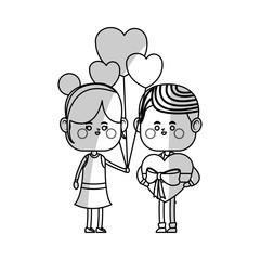kawaii couple in love with heart balloons over white background. vector illustration