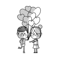 kawaii couple in love with heart balloons over white background. vector illustration