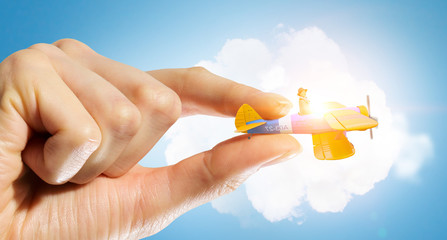 Student girl in old airplane . Mixed media . Mixed media