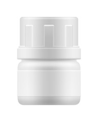 Vector 3d blank plastic jar with cap for pill or capsules. Mock-up package for medication: tablets, vitamin, supplement, antibiotic or aspirin. Medicine box or bottle for medicament. Pharmacy concept