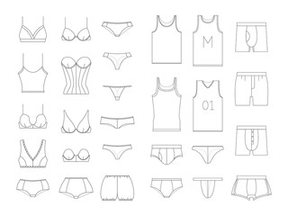 Set of lingerie. Underwear for men and women: boxer, shorts, bikini, string, thong, sexy panties. Different types of female bra and male briefs, shirts. Vector illustrations in thin line style.