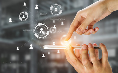 Network with his mobile phone . Mixed media