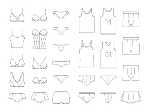 Set of lingerie. Underwear for men and women: boxer, shorts, bikini, string, thong, sexy panties. Different types of female bra and male briefs, shirts. Vector illustrations in thin line style.