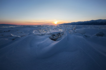 Baikal ice at sunset