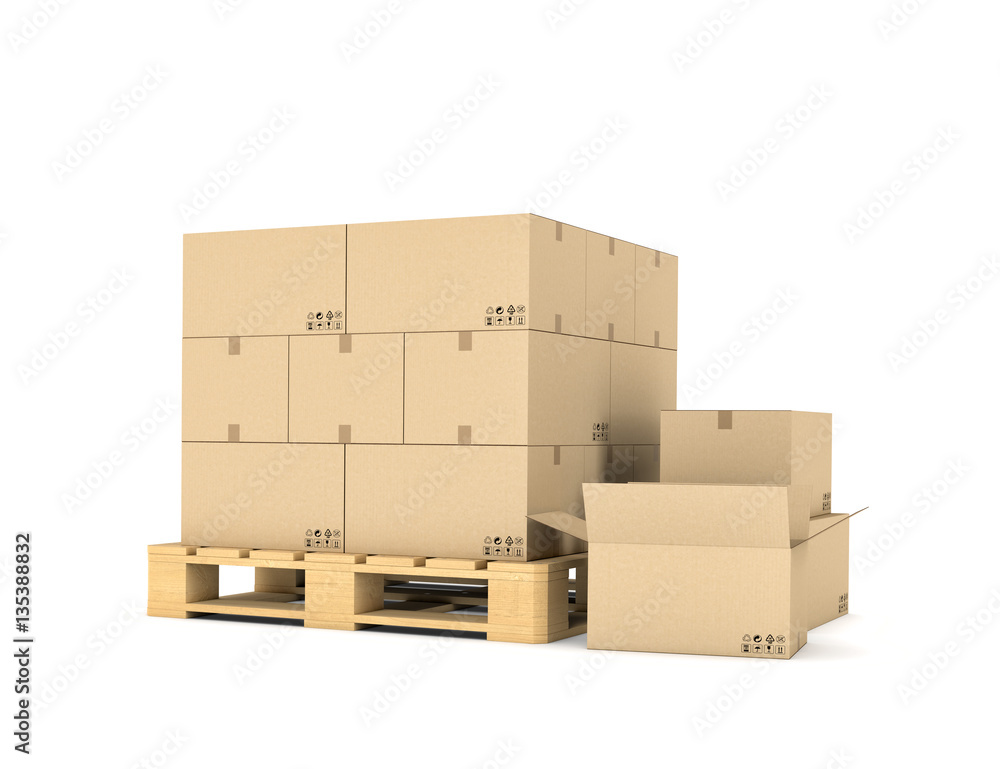 Poster rendering of several carton boxes stacked evenly on a double-decked pallet