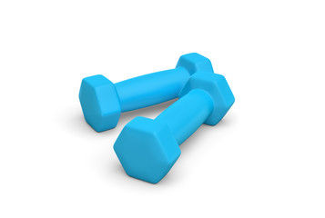 Rendering pair of blue light weight dumbbells isolated on white background.