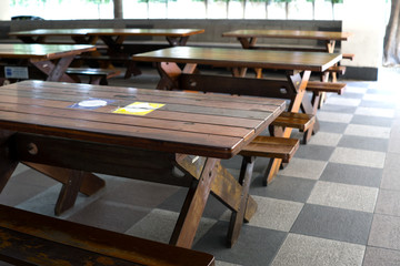 empty wood  table in canteen.