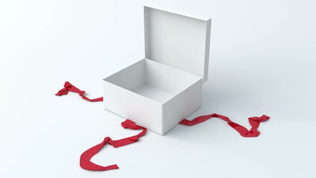 White gift box with red ribbon opening. Include alpha channel 