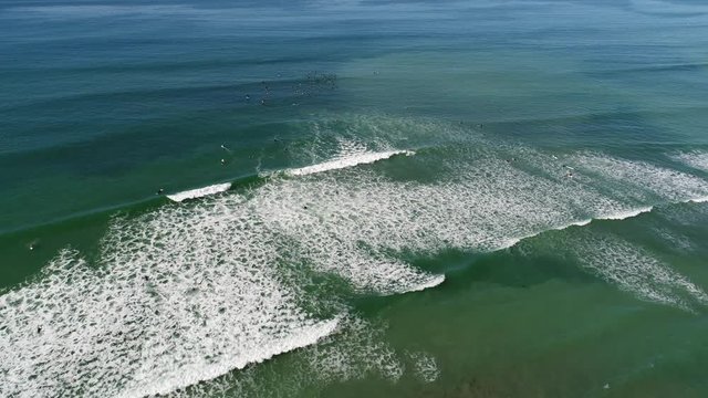 Aerial view of waves coming to shore in Encinitas, California, USA