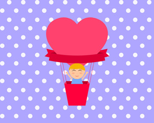 Boy sitting in hot air balloon in the shape of heart vector