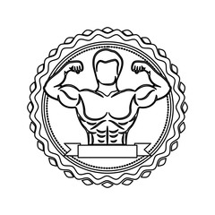 contour stamp with half body muscle man and label vector illustration