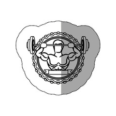 contour sticker border with muscle man lifting a disc weights and label shading vector illustration