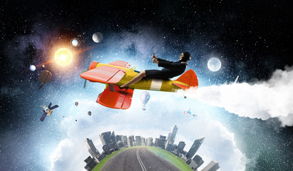 Woman in drawn airplane . Mixed media