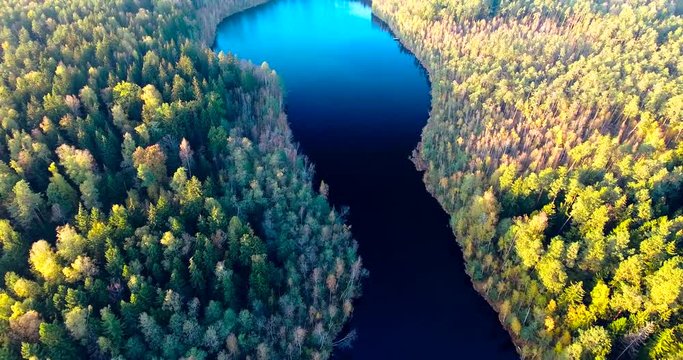 flying above autumn forest and lake