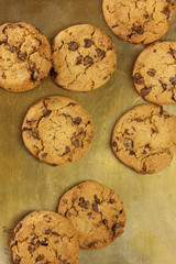 Chocolate chips cookies on vintage tray