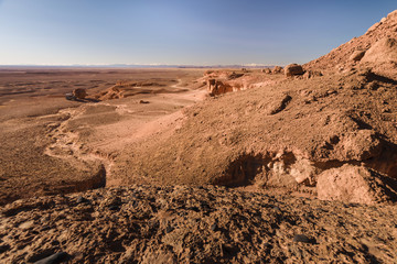 Off-road vehicle in stone desert, Morocco