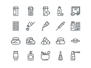 Pills. Set of outline vector icons. Includes such as Gel, Inhaler, Prescription, Syrup and other