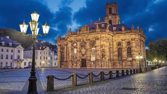 Ludwigskirche -  a protestant baroque style church in Saarbrucken, Germany  (static image with animated sky)
