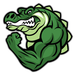Obraz premium maskotka krokodyla pokazuje jego mięsień ramię