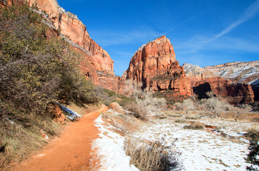Angels Landing Hiking Trail in the Winter in the Virgin River Canyon in Zion National Park in Utah US
