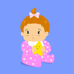 cute baby girl wearing flower pattern jumpsuit, sitting and holding a star plus toy