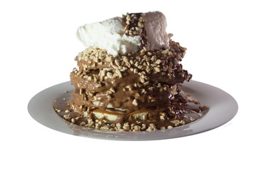 Pancakes with chocolate,cookies and icecream white background