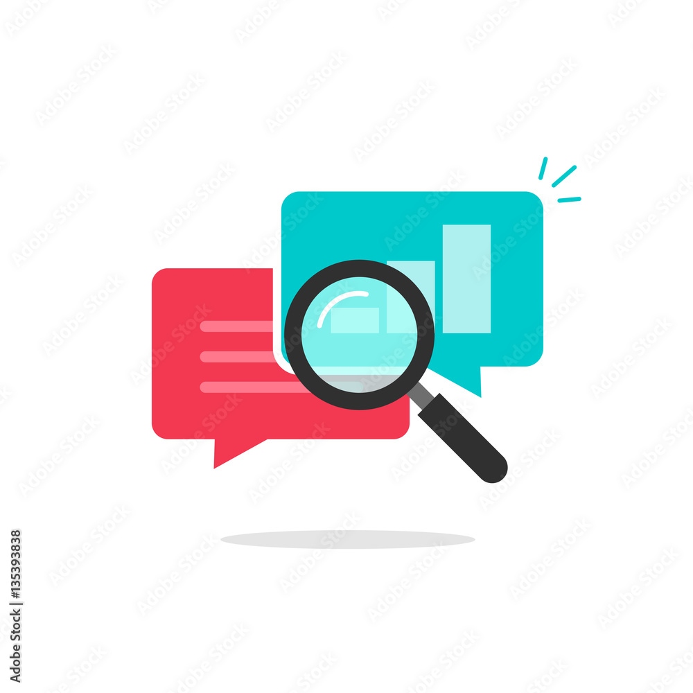 Poster statistics research icon vector, flat style analysis data in bubble speeches with growth graph, text