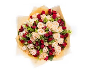 Bouquet of flowers top view on white background