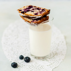 Slices of Blueberry Loaf Cake with Milk