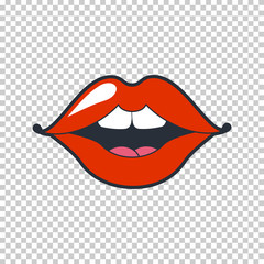 Lips kiss. Vector patch, sticker isolated on white. Cool sexy red kissed. Selphie cartoon Sign for print, in comics, Fashion, pop art, retro style 80-s 90s