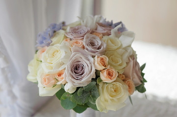Closeup bouquet of flowers rose and delphinium wedding