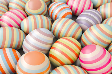 Close-Up of striped easter eggs. Illustration for holiday. 3d render