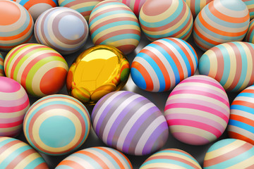 Fototapeta na wymiar Close-Up of striped and golden easter eggs. Illustration for holiday. 3d render.