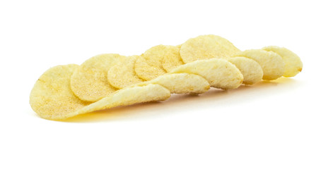 Stacks of paprika flovored poteto chips isolated on white background. Clipping path included in JPEG.