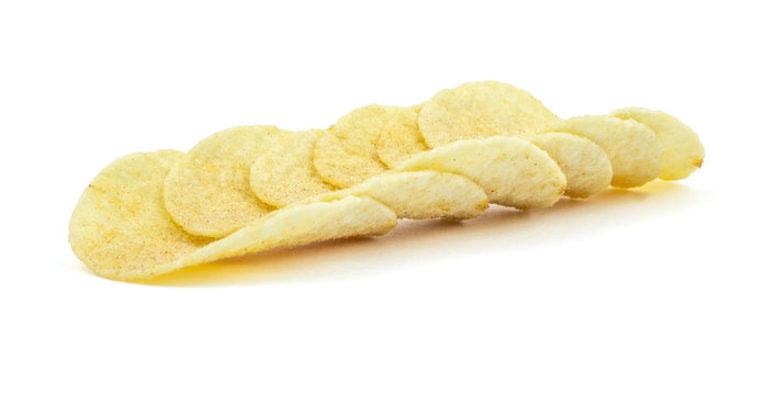 Stacks of paprika flovored poteto chips isolated on white background. Clipping path included in JPEG.