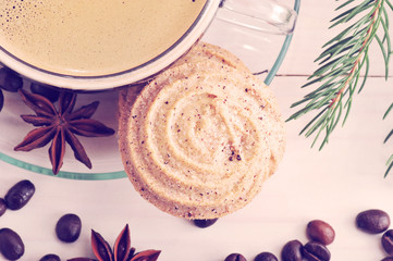 coffee Cup with cookies on a Christmas background -