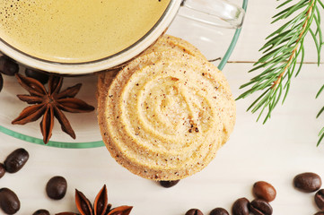 coffee Cup with cookies on a Christmas background -