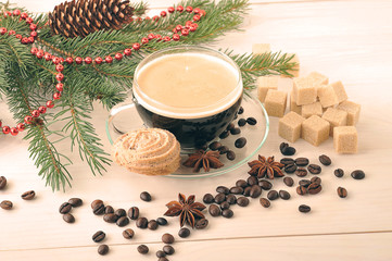 Obraz na płótnie Canvas coffee Cup with cookies on a Christmas background